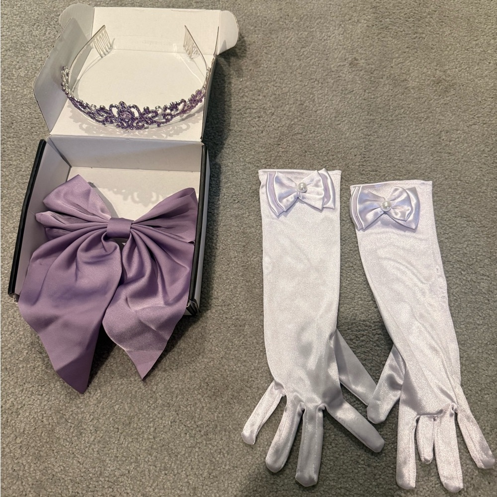 Lilac Bow Hair Accessory Set with Tiara and Satin Gloves
